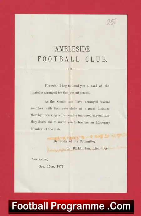 Ambleside Football Club Official Issue Letter 1877 1800s ANTIQUE