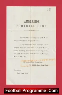 Ambleside Football Club Official Issue Letter 1877 1800s ANTIQUE