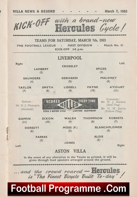 Aston Villa v Liverpool 1953 - 1950's