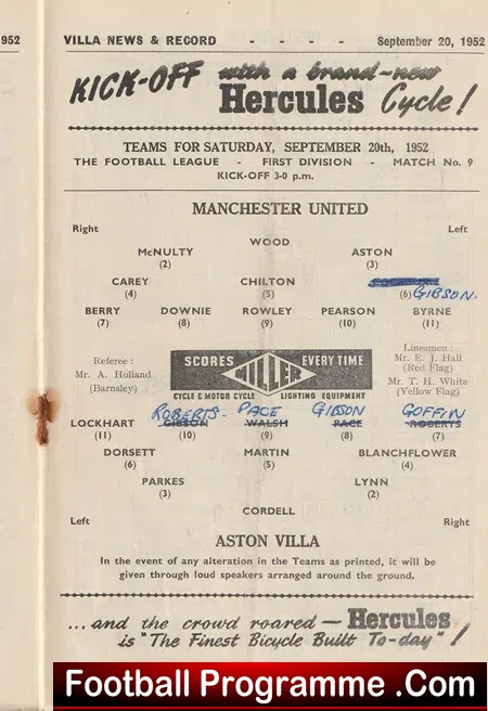 Aston Villa v Manchester United 1952 - Man Utd Programme 50s