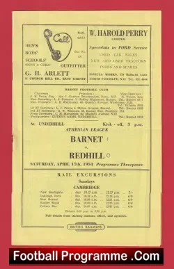 Barnet v Redhill 1954 - Athenian League at Underhill - football programme