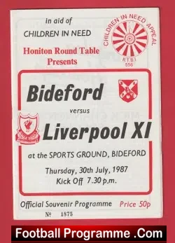 Bideford v Liverpool 1987 - In Aid Children In Need - football programme