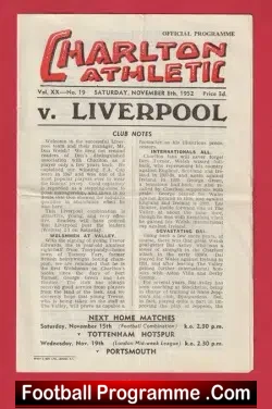 Charlton Athletic v Liverpool 1952 - football programme