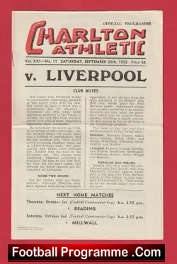 Charlton Athletic v Liverpool 1953 - football programme
