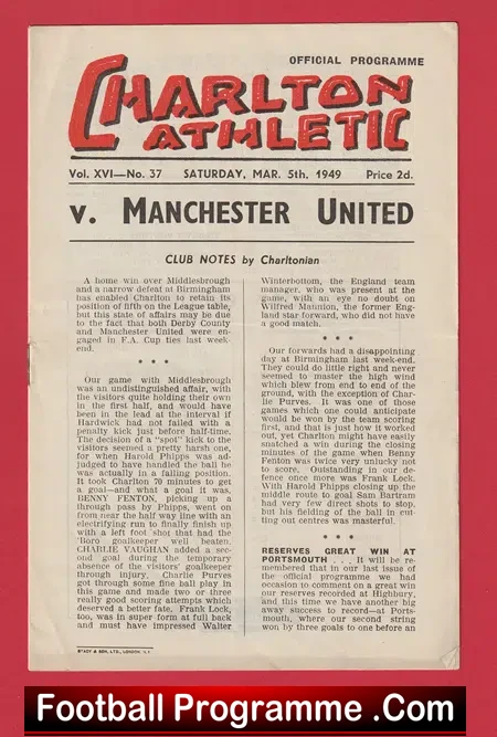 Charlton Athletic v Manchester United 1949 - 1940's Programme