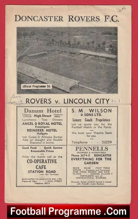 Doncaster Rovers v Lincoln City 1947 – 1940’s Programmes