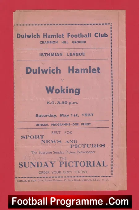Dulwich Hamlet v Woking 1937 – Autographed SIGNED