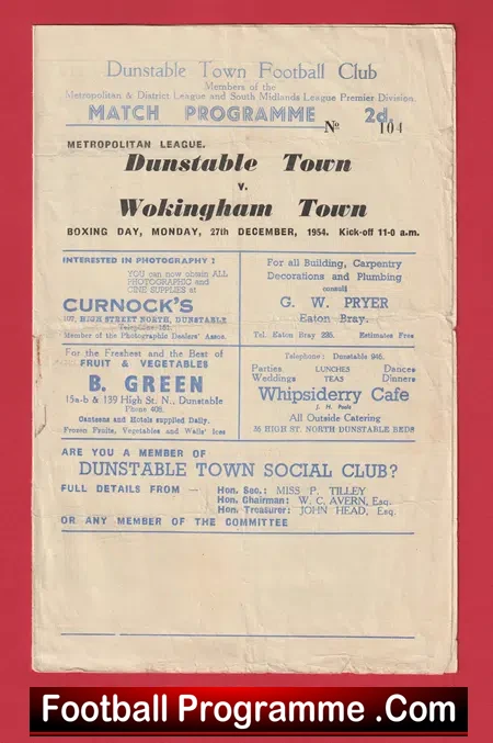 Dunstable Town v Wokingham Town 1954 – Metropolitan League 1950s