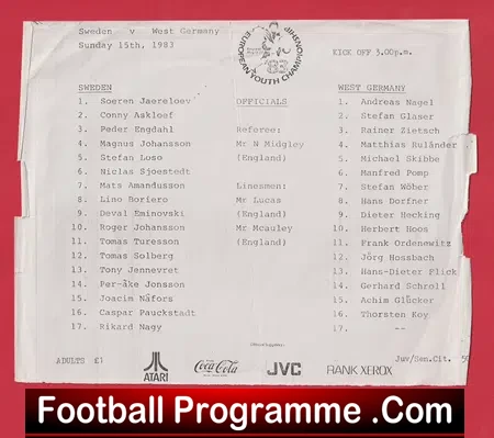 European Youth Championships 1983 - Plus England + Sheet