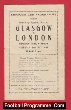 Glasgow v London 1938 - Inter City Match Hampden Park Scotland - football programme