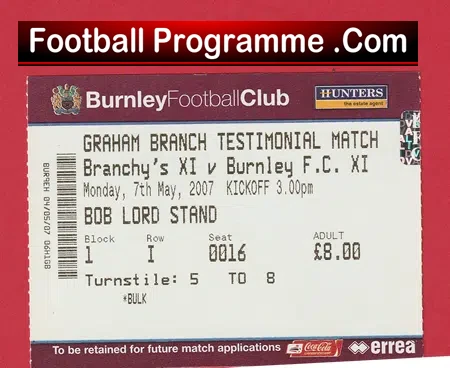 Graham Branch Testimonial Benefit Match Ticket Burnley 2007
