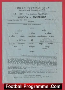 Hendon v Tonbridge 1950 – FA Cup Match Programme