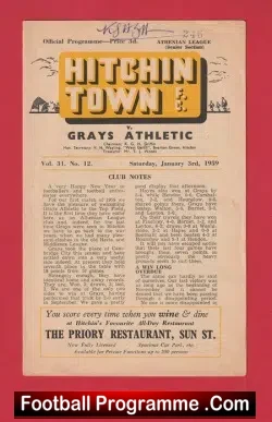 Hitchin Town v Grays Athletic 1959 - Multi Autographed SIGNED - football programme