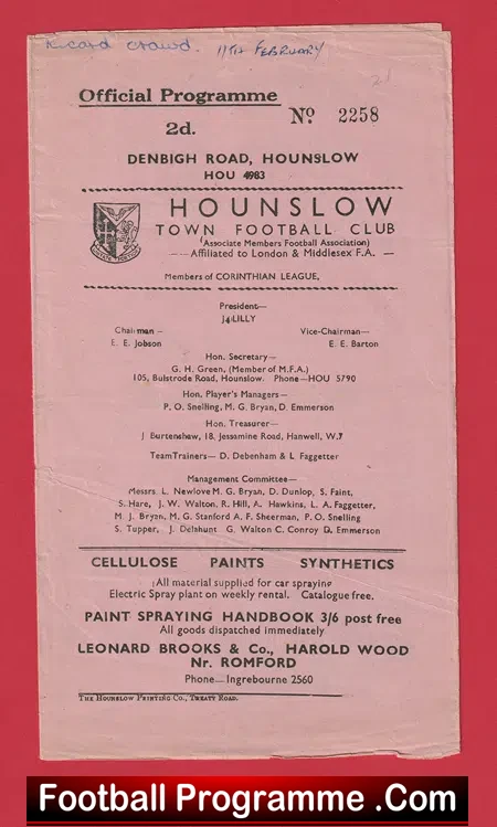 Hounslow Town v Walthamstow Avenue 1950 - Amateur Cup