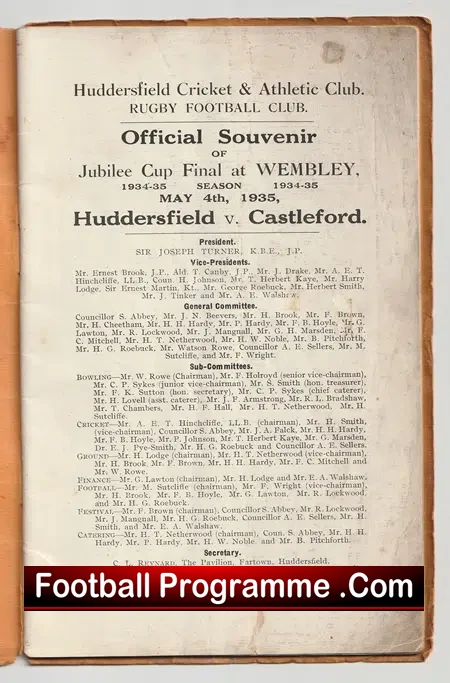Huddersfield Rugby Jubilee Cup Final Souvenir Brochure 1935