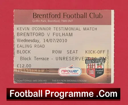 Kevin O’Connor Testimonila Benifit Match Ticket Brentford 2010