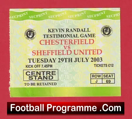 Kevin Randall Testimonial Benefit Match Ticket Chesterfield 2003