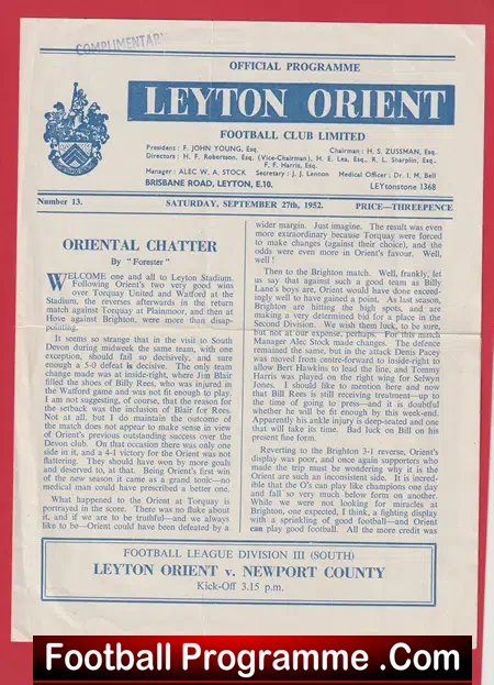 Leyton Orient v Newport County 1952