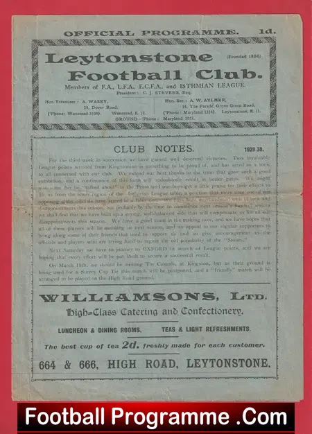 Leytonstone v Dulwich Hamlet 1930 – 1930’s