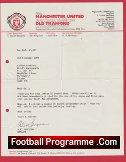 Manchester United Genuine Football Letter Alex Ferguson 1988 - football memorabilia
