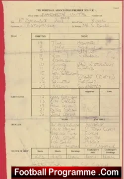 Manchester United v Aston Villa 2003 - Referee Team Sheet - football memorabilia