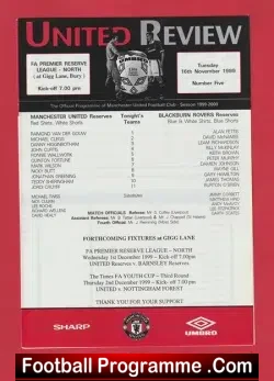 Manchester United v Blackburn Rovers 1999 - Reserves Match - football programme