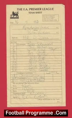 Manchester United v Bolton Wanderers 1995 - Referee Team Sheet - football memorabilia