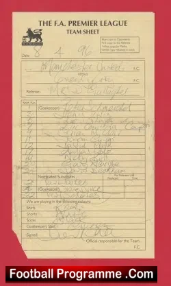 Manchester United v Coventry City 1996 - Referee Team Sheet - football memorabilia