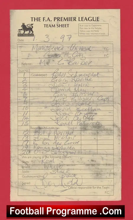 Manchester United v Coventry City 1997 - Referee Team Sheet