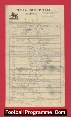 Manchester United v Coventry City 1997 - Referee Team Sheet - football memorabilia