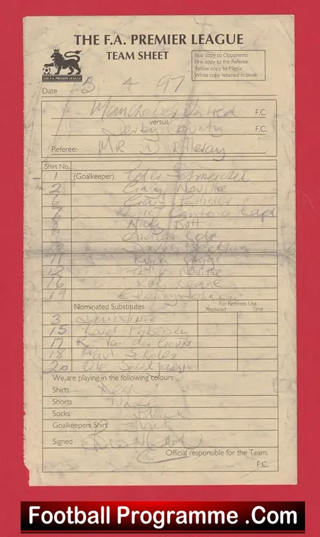 Manchester United v Derby County 1997 - Referee Team Sheet