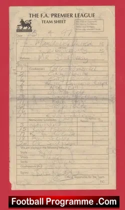 Manchester United v Derby County 1997 - Referee Team Sheet