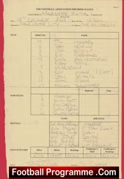 Manchester United v Manchester City 2003 - Referee Team Sheet - football memorabilia