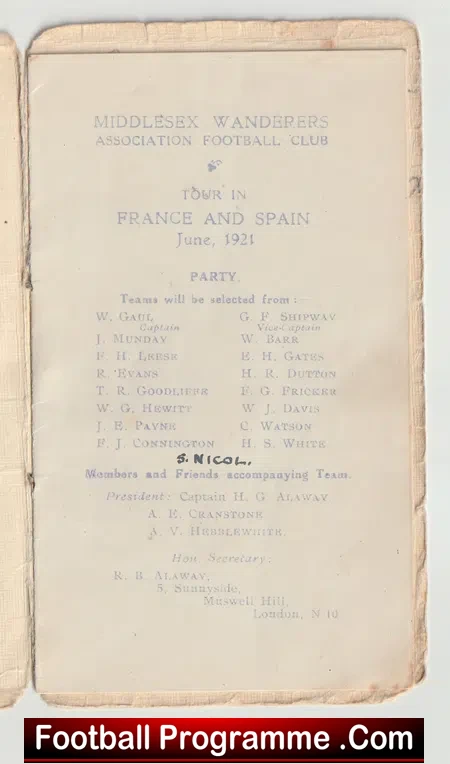 Middlesex Wanderers Football Club Itinerary France + Spain 1921