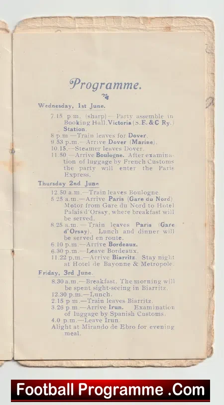Middlesex Wanderers Football Club Itinerary France + Spain 1921