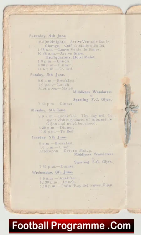 Middlesex Wanderers Football Club Itinerary France + Spain 1921