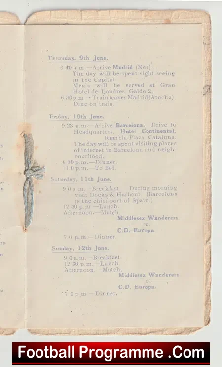 Middlesex Wanderers Football Club Itinerary France + Spain 1921