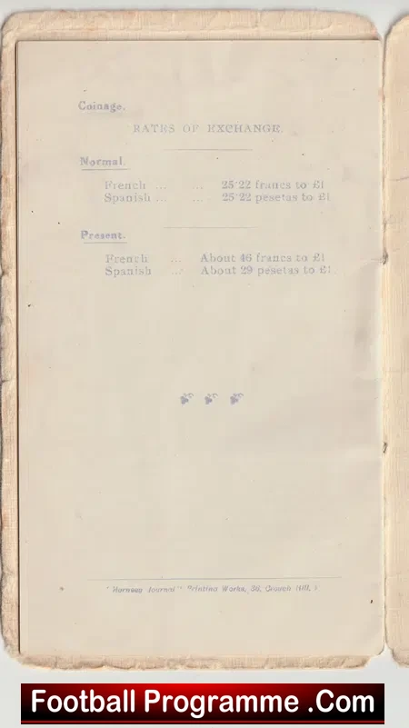 Middlesex Wanderers Football Club Itinerary France + Spain 1921