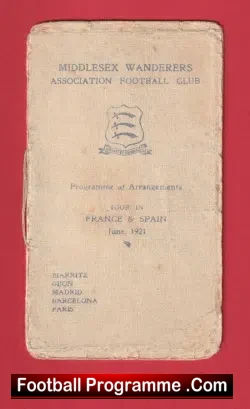 Middlesex Wanderers Football Club Itinerary France + Spain 1921 - football programme