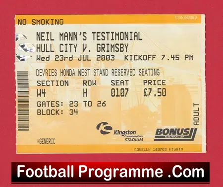 Neil Mann Testimonial Benefit Match Ticket Hull City 2003
