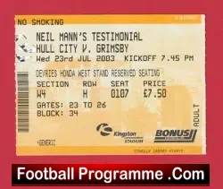 Neil Mann Testimonial Benefit Match Ticket Hull City 2003