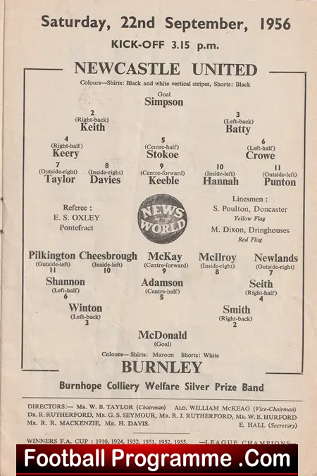 Newcastle United v Burnley 1956