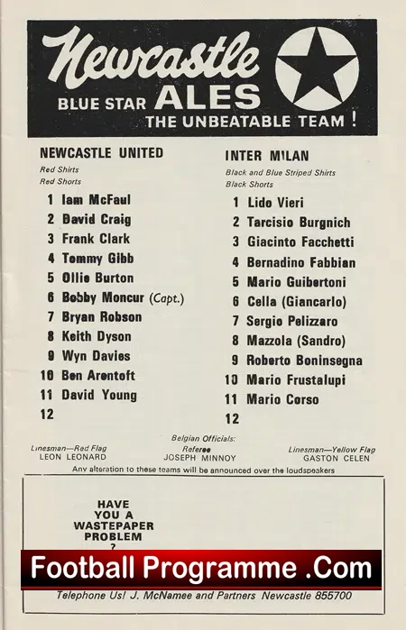 Newcastle United v Inter Milan 1970 - European Fairs Cup Match