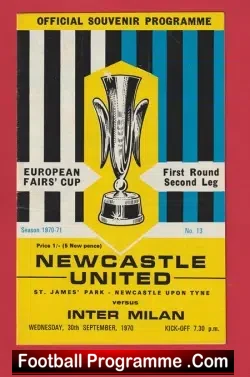 Newcastle United v Inter Milan 1970 - European Fairs Cup Match - football programme