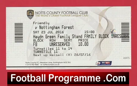 Notts County v Nottingham Forest 2016 – Friendly Football Ticket
