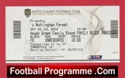 Notts County v Nottingham Forest 2016 – Friendly Football Ticket