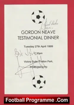 Portsmouth Gordon Neave Testimonial Dinner Menu 1999 SIGNED - football memorabilia