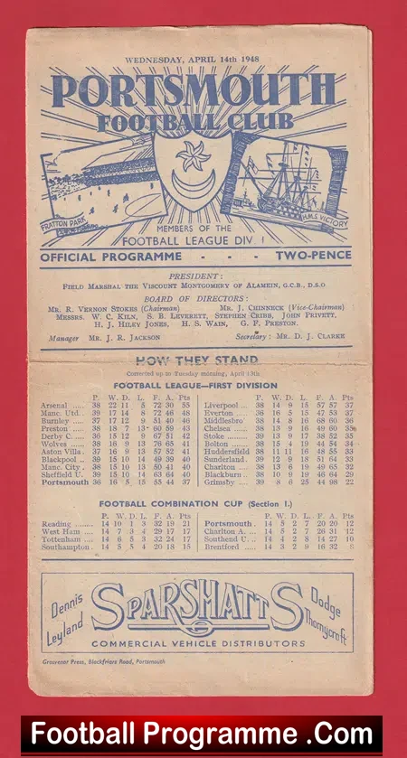 Portsmouth v Middlesbrough 1948 – 1940’s Programme