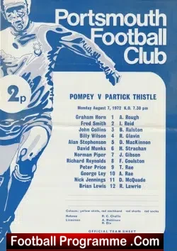 Portsmouth v Partick Thistle 1972 - Friendly Match 1970's - football programme
