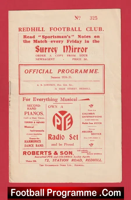 Redhill v Barclays Bank 1935 – Rare 1930’s Football Programme